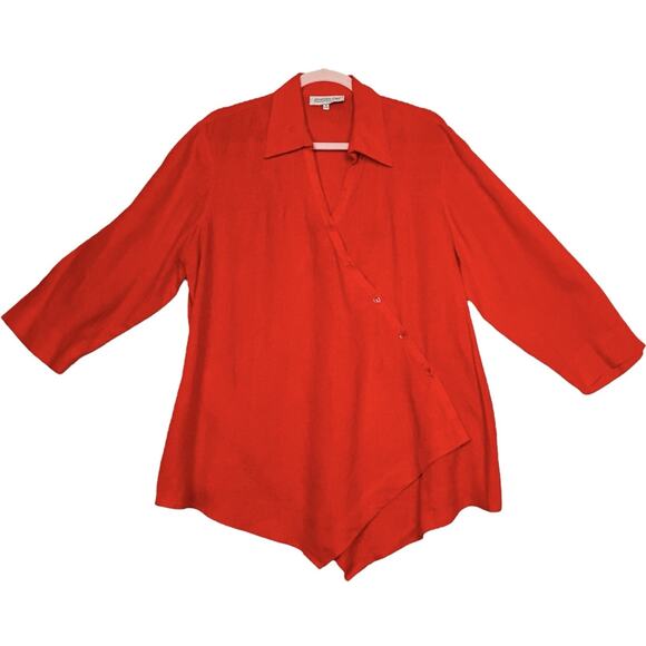 Jones NY Sz 1X Linen Shirt Top Red Asymmetric Button Front Lightweight - Picture 3 of 13